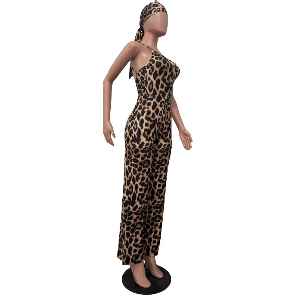 HLJ Sexy Leopard Print Bodycon Jumpsuits Women Thin Strap Sleeveless V Neck Wide Leg Pants Playsuit Female Overall With Scarf