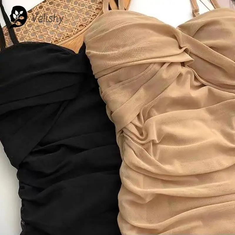 Dresses Women Sexy Club Shirring Design Summer Leisure Lady Mini  Straps Dress