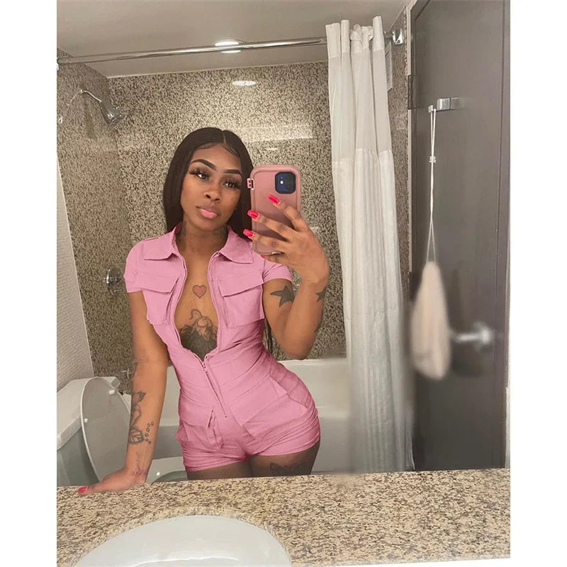 Streetwear Zipper Pockets Shorts Jumpsuit Women Clothing Short Sleeve Skinny Cargo Playsuit Summer Casual One Pieces Romper