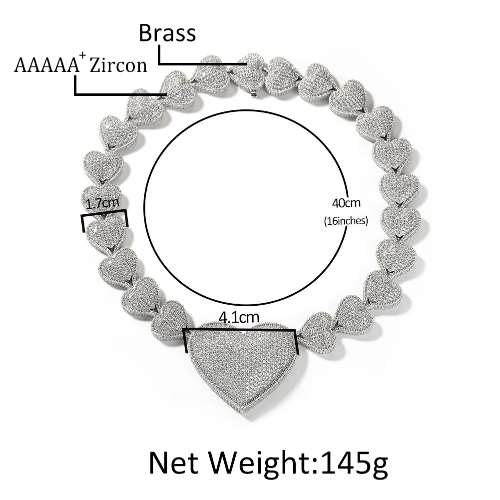 THE BLING KING Iced Out Big Heart Chain Collar Y2K 17mm Choker For Women Girl Micro Paved 5A Cubic Zircon Lovely Wedding Jewelry