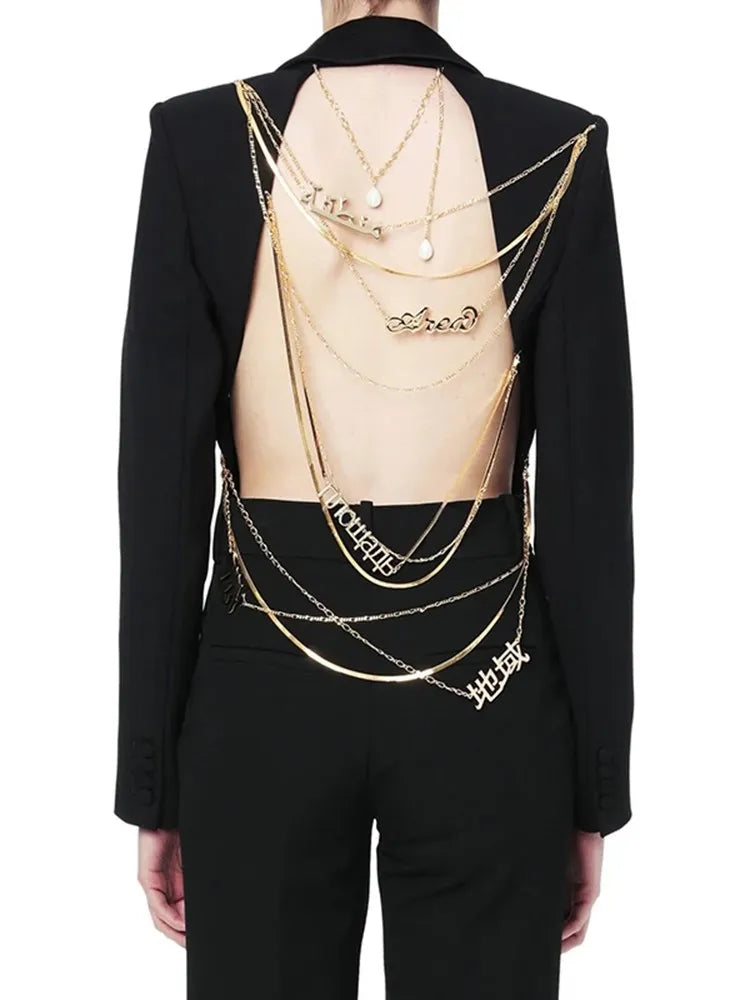 TWOTWINSTYLE Backless Spliced Button Blazers For Women Notched Collar Long Sleeve Patchwork Chain Chic Blazer Female Fashion New