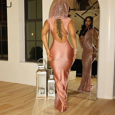 HLJ Sexy Deep V Perspective Sequin Hooded Bodycon Party Club Dresses Women Backless Sleeveless Slim Vestidos Fashion Clothing