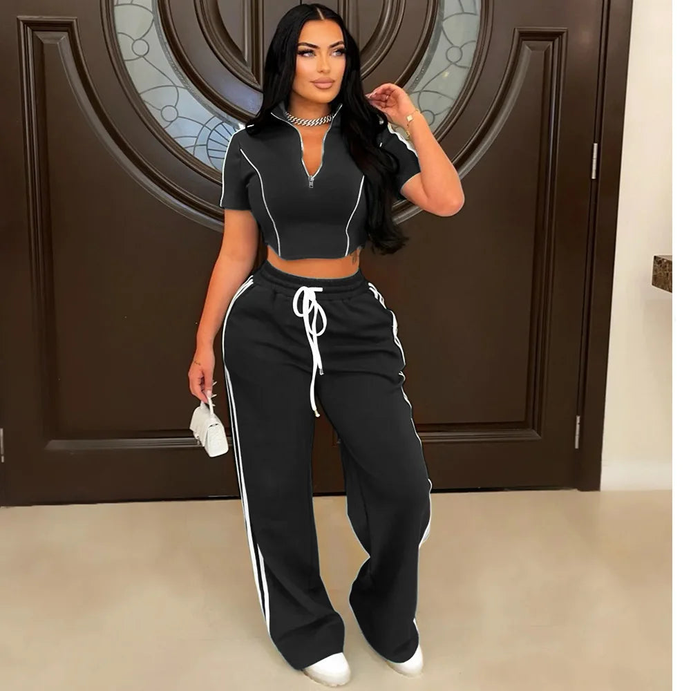 Fashion Casual Short Hoodie 2 Piece Women Summer Zipper Top Short Sleeved Sports T Shirt Stripe Splicing Long Pants Female Suit