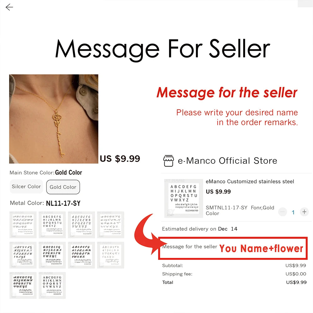 eManco Custom Birth Month Botanical Flower Pendant Stainless Steel Gold Plated Personalized Name Necklace Women's Accessories