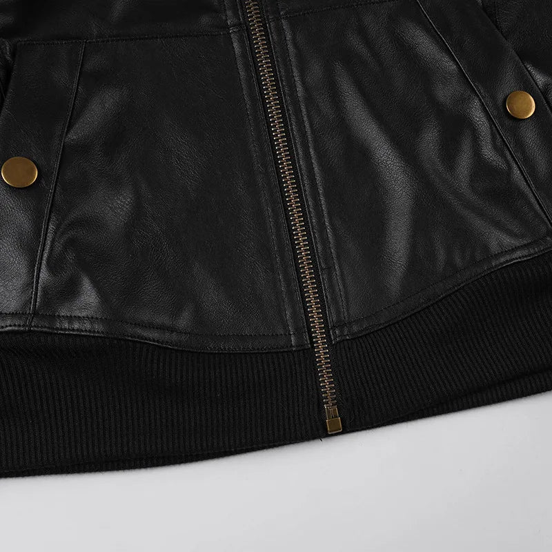 Street style waist cinched short stand up collar PU leather spicy girl zipper cardigan casual jacket