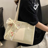 Trendy Lightweight Casual Bow Decor Straw Bag Hollow Out Knitted Flower Tote Bag Large Capacity Shoulder Bag For Teen Girl Women