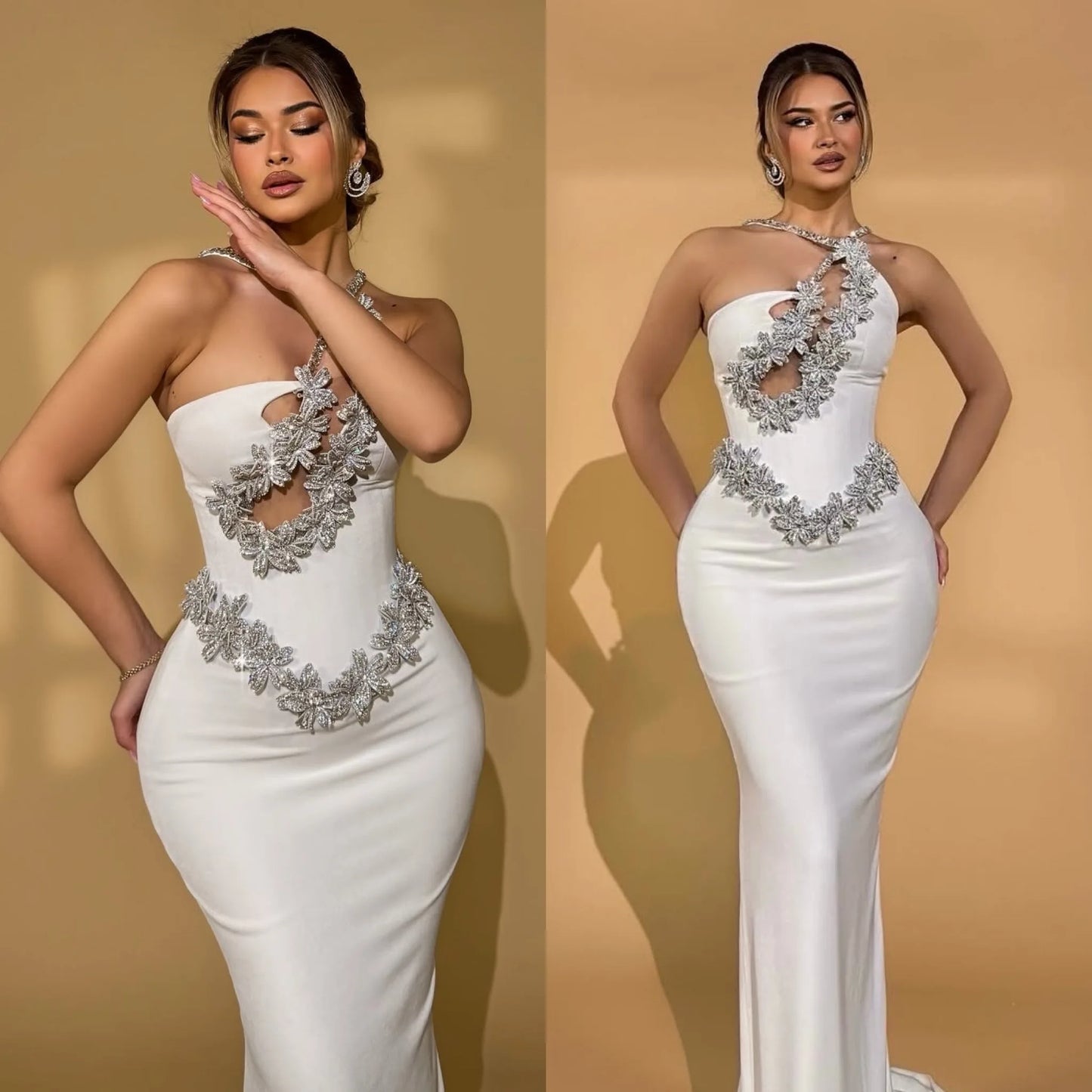 White Sexy One-Shoulder, Off-The-Shoulder, Rhinestone, Backless,One-Shoulder Tight, Hip-Hugging Bandage Dress