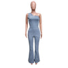 Flare Denim Pants Full Length Women Jeans One Piece Overalls Spliced Solid Jumpsuits Loose Pockets High Waist Basics Washed