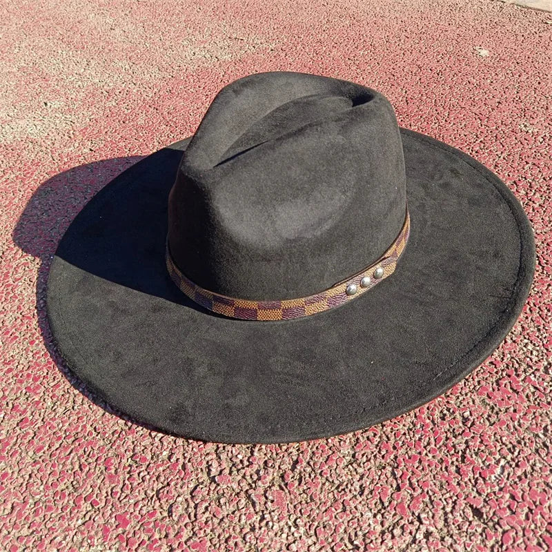 Fedora hat nubuck leather elastic webbing concave top wide brim hat for men and women autumn and winter hat  sombrero hombre
