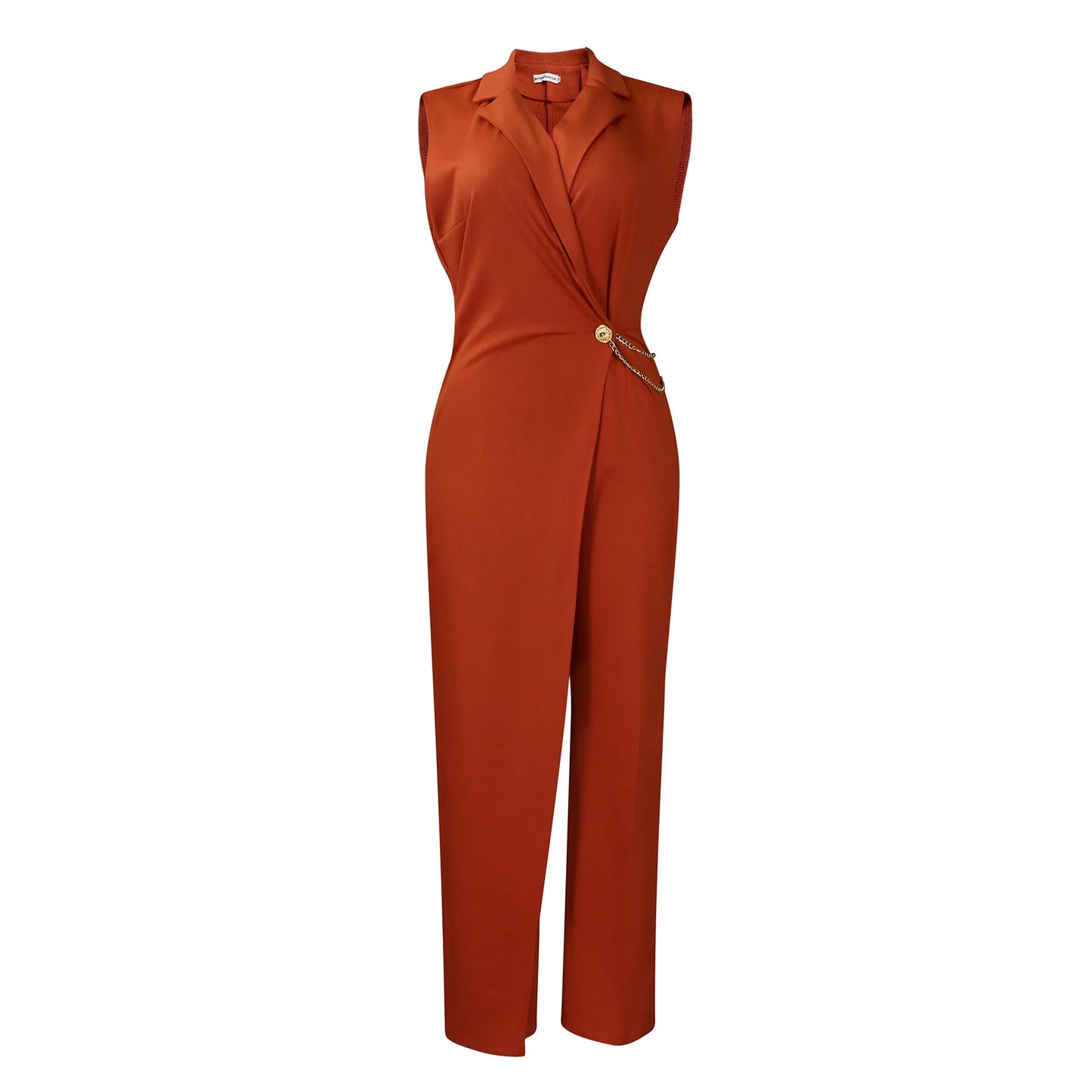 Elegant Jumpsuits & Rompers for Woman 2024 New Turn Down Collar Sleeveless High Waisted V Neck Straight Female Birthday Overalls