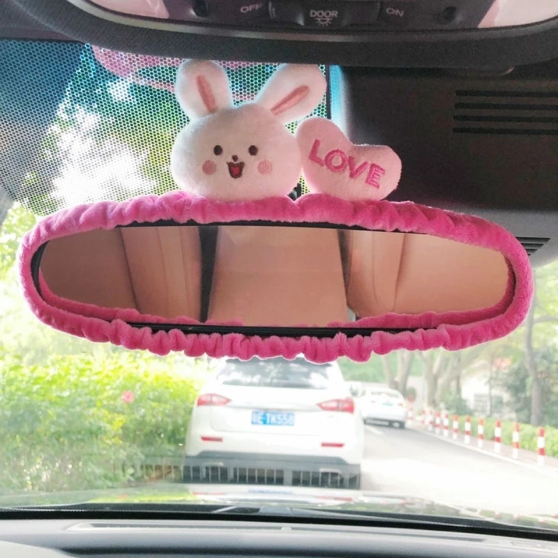Adorable Rabbit Car Rearview Mirror Cover Cute Creative Korean Character Mirror Cartoon Reversing Decoration Female