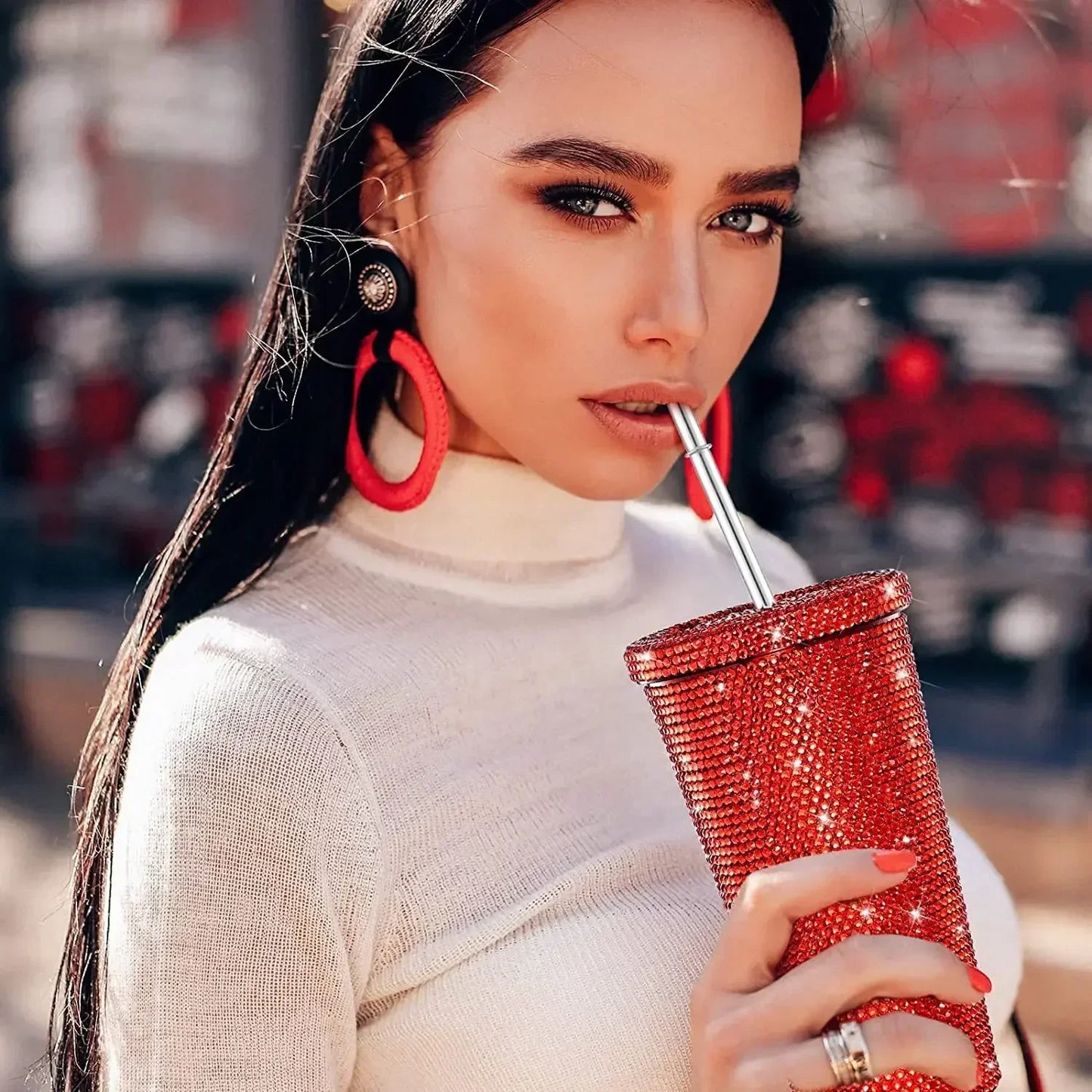 1 Pc Rhinestone Coffee Cup Gift Cup Rhinestone Rhinestone Thermos Cup Double Stainless Steel Straw Cup Coffee Mug  Water Bottles