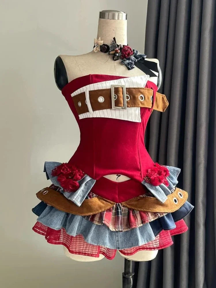 Punk Style Vintage Woman 2 Piece Sets Y2k Design Strapless Crop Tops + High Waist Ruffle Skirt Female Party Korea Style Outfits