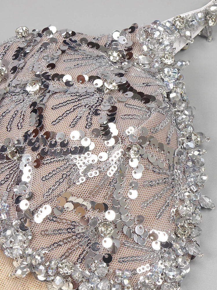 VC Sexy Deep V Plunge Neck Backless Sequins Mesh Sparkly Silver Maxi Long Dress Elegant Party Evening Outfits Vestido