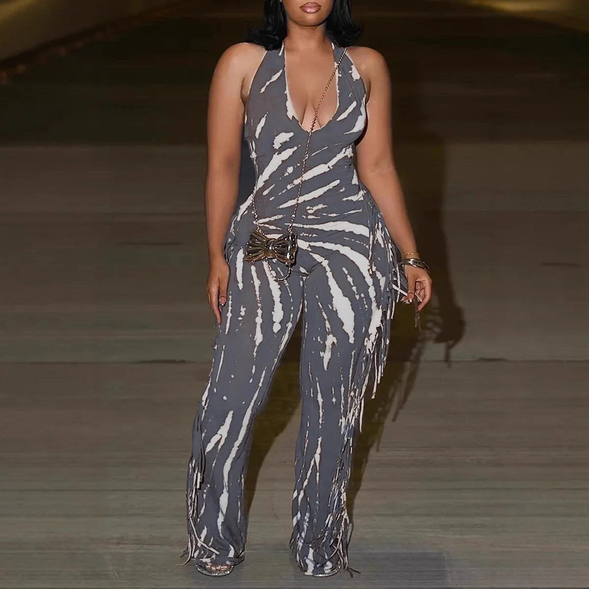 HLJ Sexy Striped Print Tassel Patchwork Bodycon Jumpsuit Women Halter Backless Skinny Rompers Female Party Clubwear Overalls New