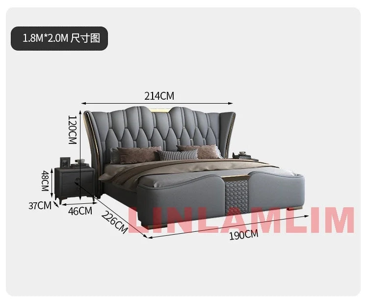 MINGDIBAO Luxury Modern Upholstered Bed Frame with Gold Accents, Genuine Leather Designer Bed, Queen/King Size Bedroom Furniture