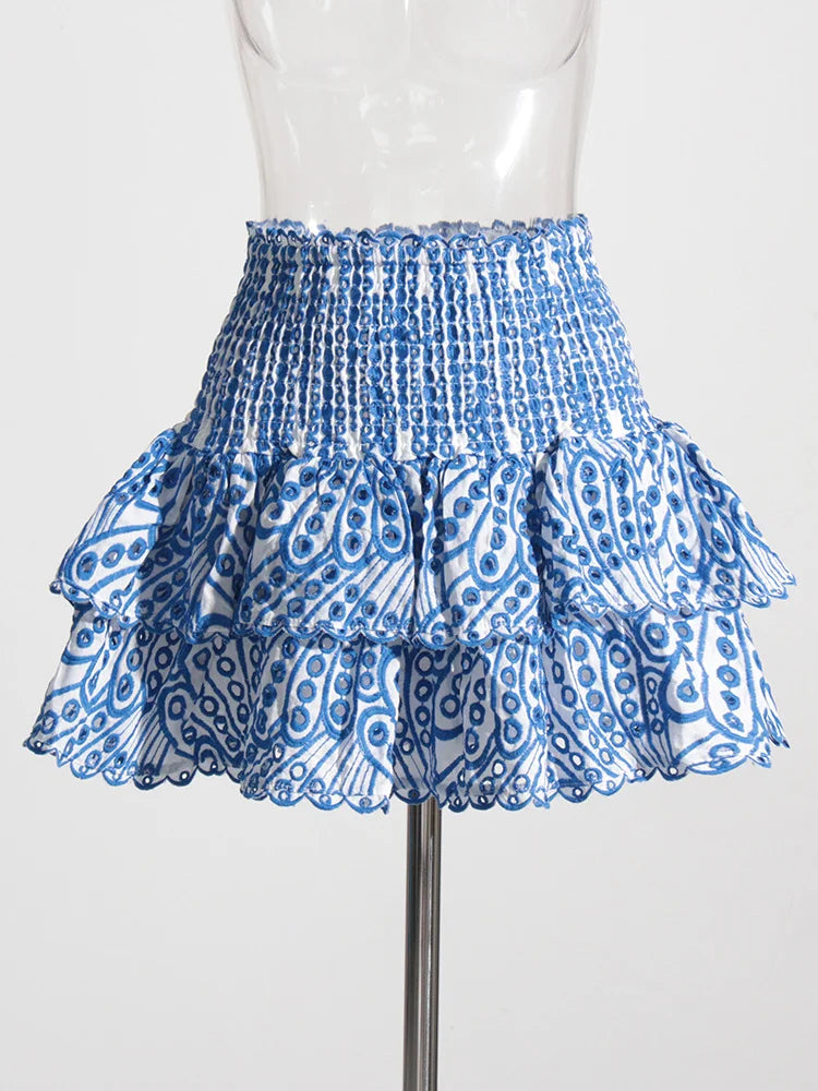 TWOTWINSTYLE Hit Color Print Casual Two Piece Sets For Women Slash Neck Short Sleeve Top High Waist Skirt Summer Set Female New