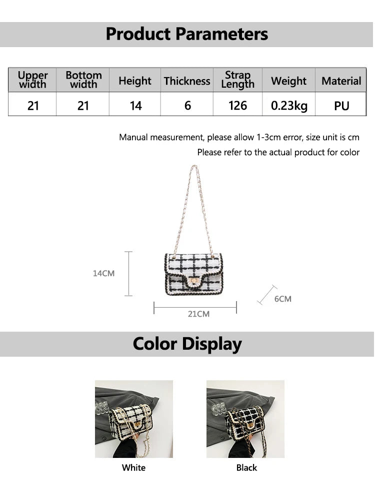 Black & White Plaid Casual Shoulder Bag Crossbody Handbag Women's Shoulder Bags Handbags With Top Handle Fashion Square Bag