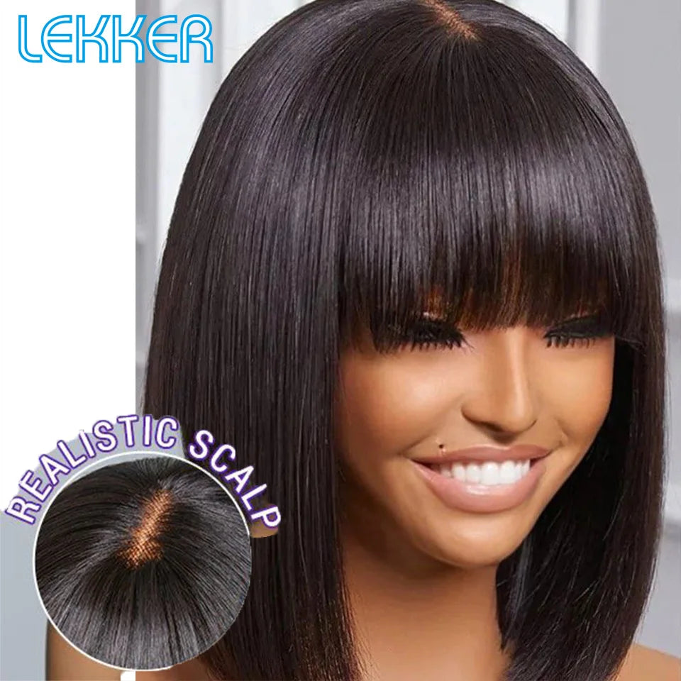 Lekker Chocolate Brown Short Straight Bob 100% Human Hair Wig With Bangs For Women Brazilian Remy Hair Top Lace Glueless Bob Wig