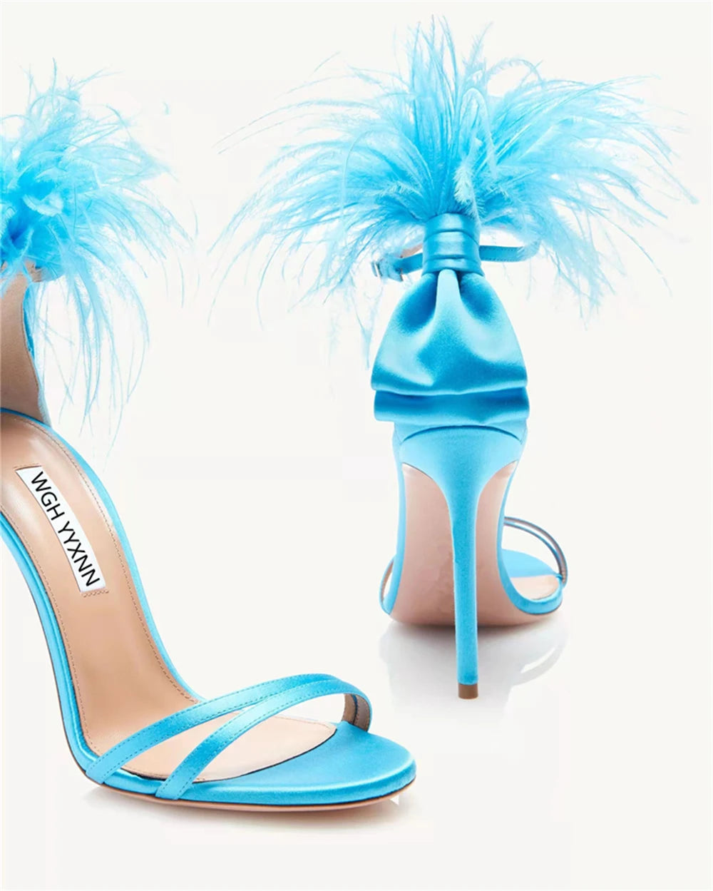 Summer new feather flower silk ribbon sexy open-toe sandals thin high-heeled banquet dress fashionable large-size women's shoes