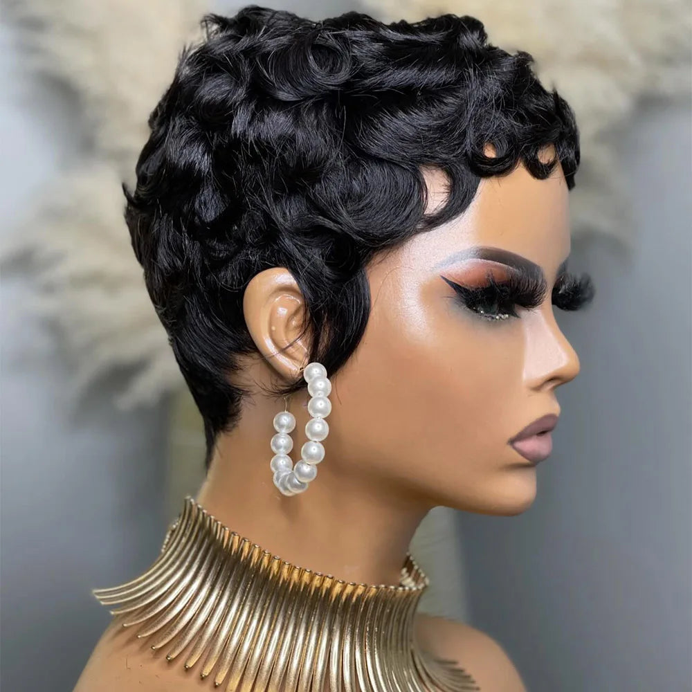 Curly Pixie Cut Wigs Short Human Hair Wig for Black Women Natural Black Wave Bob Glueless Wig Remy Hair Full Machine Made Wig