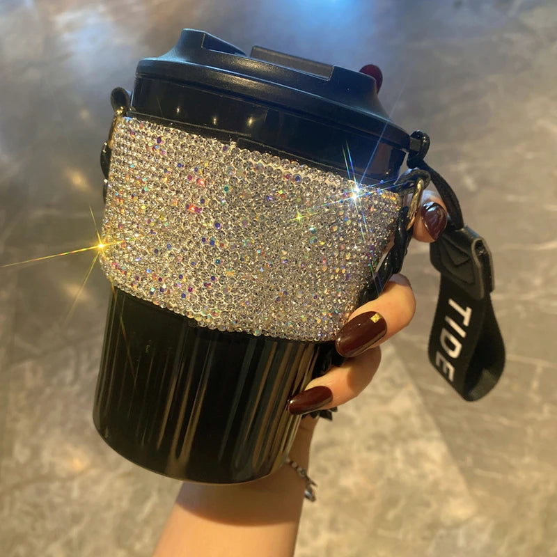 Chain Carry Straight Drink Coffee Cup Rhinestone PC/PP Portable Eco Friendly Non-slip Reusable Mug Outdoor Travel Water Bottle