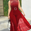 2025 Summer Women's Sexy Round Neck Rhinestone Sheer Mesh Sleeveless Jumpsuit with Belt New Fashion Rompers Womens Jumpsuit