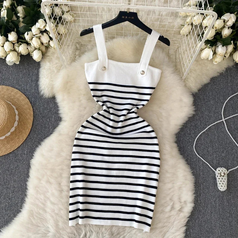 Striple 2024 Sexy Summer Knit Strap Dress Women Tank Elatic Waist Bodycon Sundress Female Beach  Backless Midi Dress
