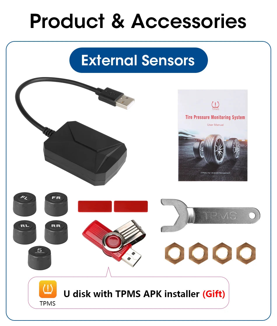 JMCQ USB Android TPMS Tire Pressure Monitoring System Display Alarm System Internal External 5 Sensors For Car Navigation Radio