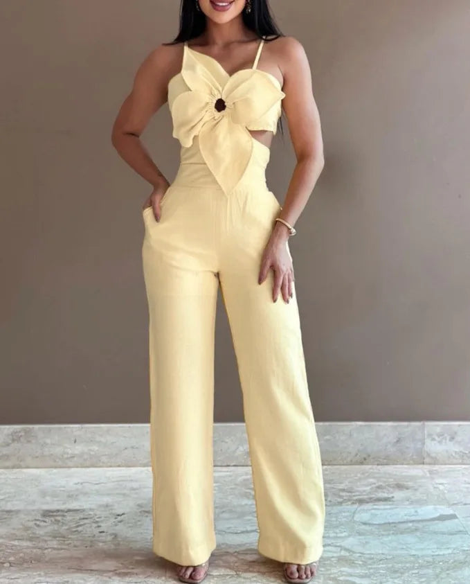 2024 Summer Fashion White Jumpsuit Women Floral Pattern Shirred Hollow Out Casual Asymmetrical Neck Pocket Backless Jumpsuits