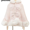 Japanese Liz Sweet Princess Faux Rabbit Fur Cape Coat Women Autumn Winter Fur Jacket Loose Clock Rhinestone Bow Hooded Coat