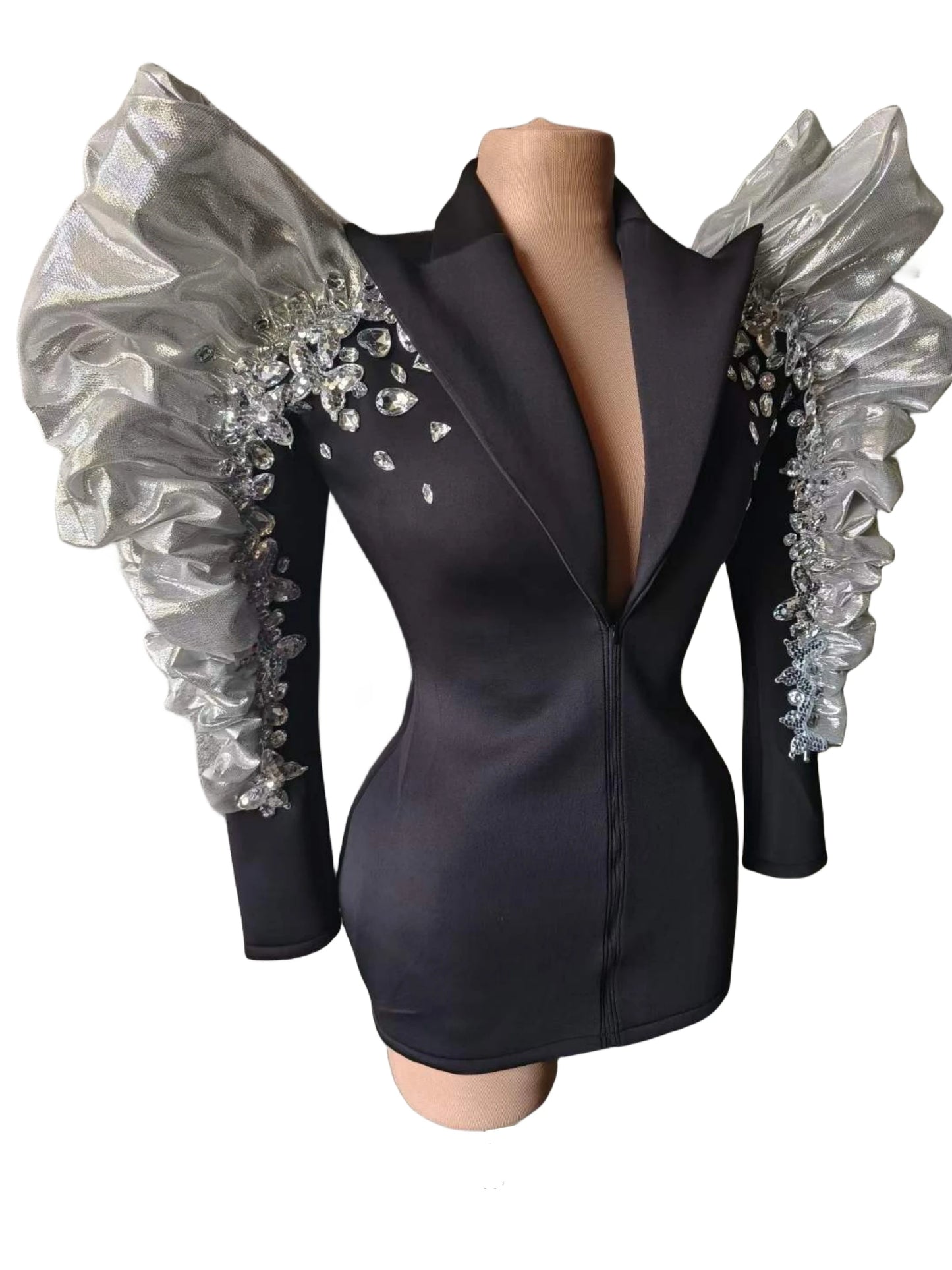 Sparkly Sequins Rhinestones Big Sleeves Black Jacket Sexy Singer Dancer Nightclub Jazz Dance Costume Performance Show Stage Wear