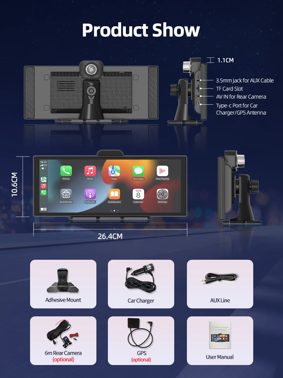 New Imagebon 11.4″ H70 Pro 4K ADAS QLED In-cell Display Car DVR Wireless CarPlay & Android Auto Night Vision AUX FM Dash Camera