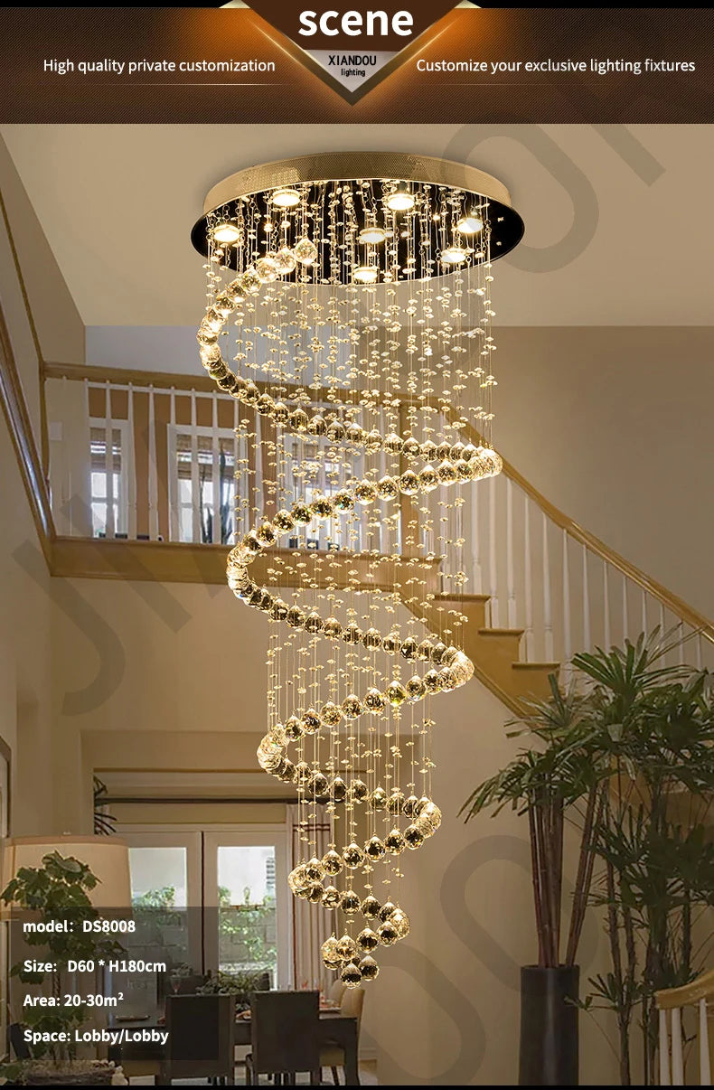 Staircase Long Pendant Lamp, Villa Lamp, Crystal Hanging Line Lamp, Duplex Living Room Spiral Lamp, Glass Romantic Decorative La