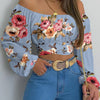 Women Sexy Off Shoulder Printing Blouses Chic and Elegant Lantern Long Sleeve Lace Up Bow Cropped Tops Casual Slim Shirts 2023