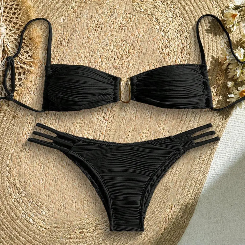 Women Two-piece Trunk Swimsuit Stylish Bandeau Padded Bikini Set Split Swimming Suit Lady Girls Pad Bra Briefs Set Beachwear