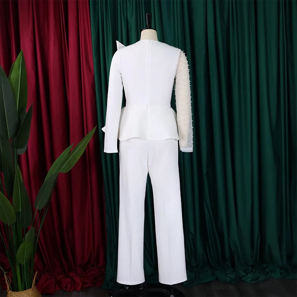 Luxury Jumpsuits & Rompers for Women Round Neck Beaded Transparent Sleeve High Waisted Elegant Female Birthday Party Overalls