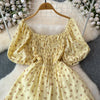 2024 New Summer Flower Print Long Dress Women Vintage Square Neck Ruched Chest Sash Bandage Sundress Party Vestidos