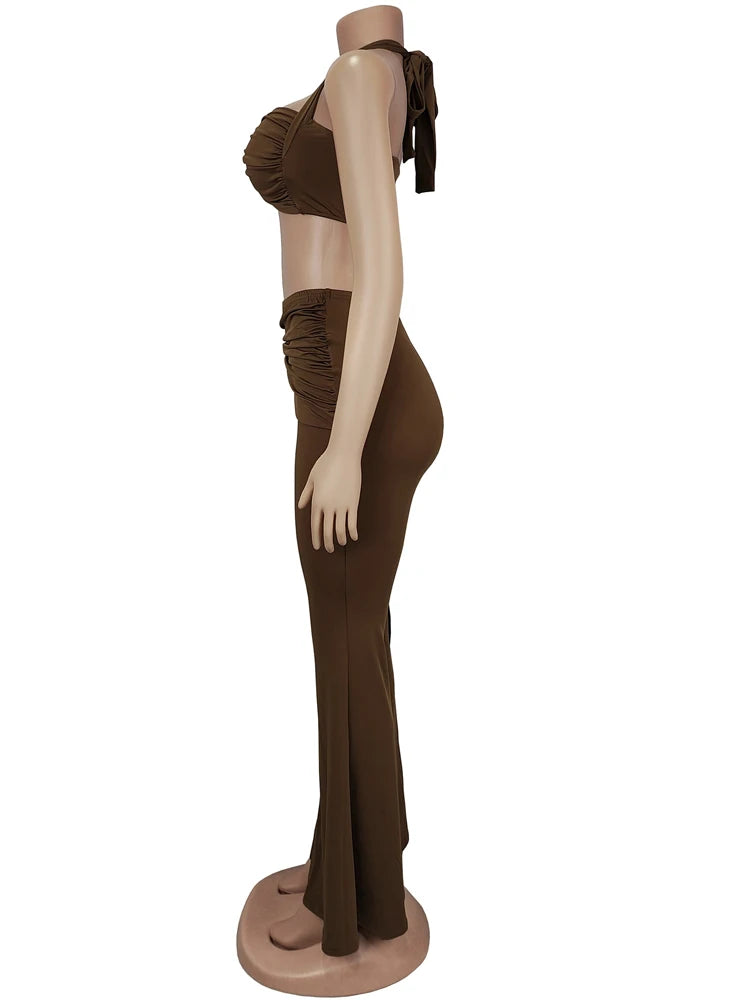 Beyprern New Chic Twist Front Crop Top And Long Straps Wide Legs Pants Set Womens Ruched Metal Tracksuits Set Night Out Overalls