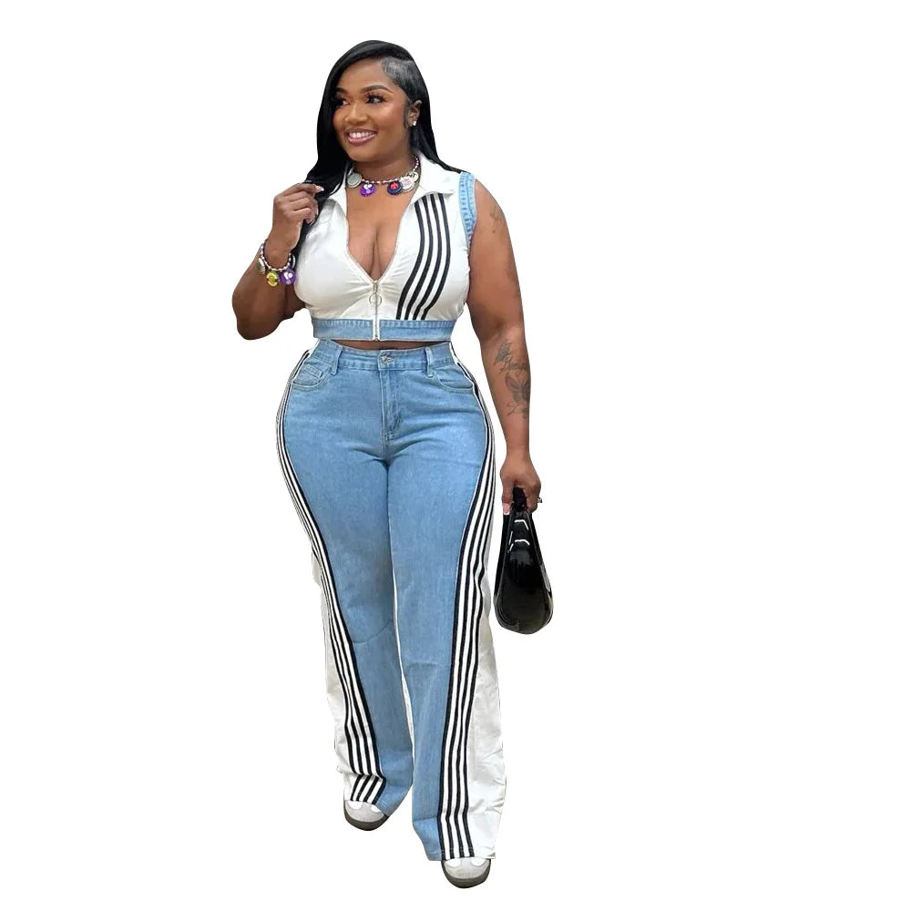 2 Pieces Women's Sets 2025 Spring Summer Denim Sleeveless Suit Tops And Wide Leg Pants Suits Two Piece Set Tracksuit Outfit