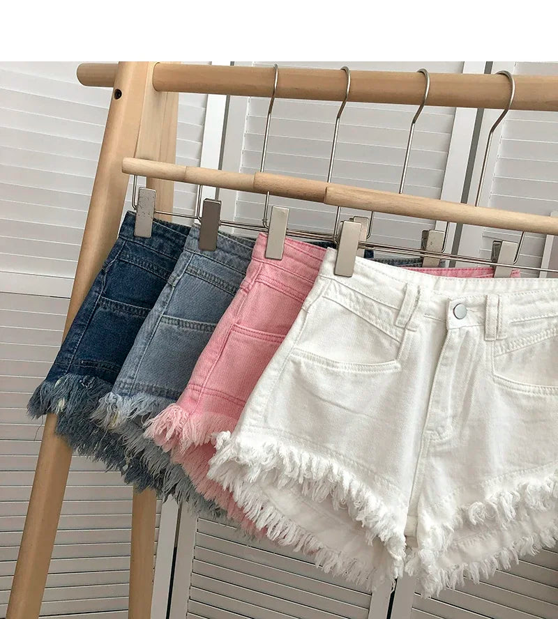 ITOOLIN Women Vintage Tassels Denim Shorts Button Loose High Waist A-line Jean Shorts Casual Women Office Trousers Streetwear