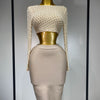 Women Sexy Long Sleeve Mesh Pearl Top Celebrity Midi Women Bandage Set 2025 Designer Evening Party Luxury Birthday Two Piece Set
