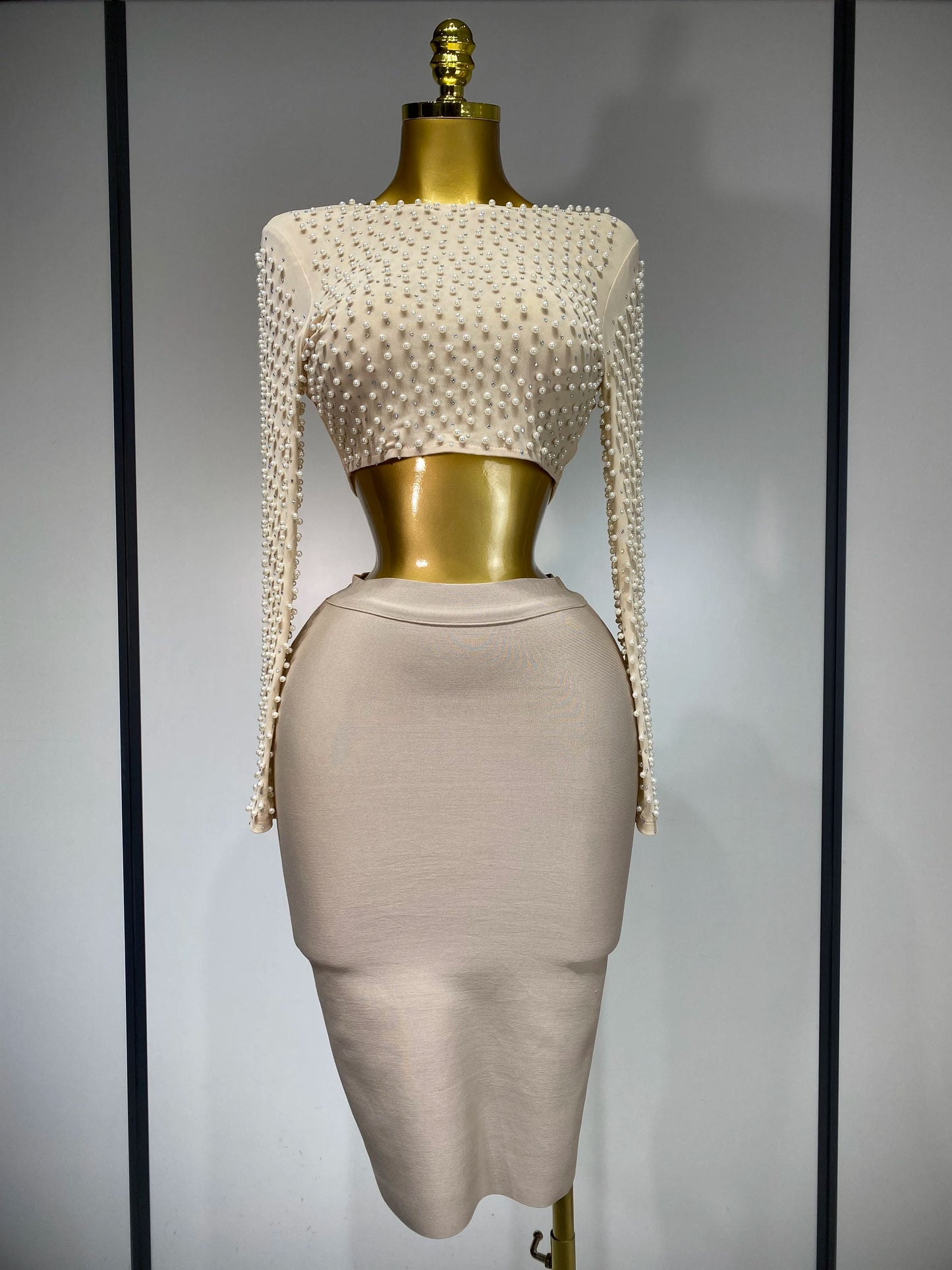 Women Sexy Long Sleeve Mesh Pearl Top Celebrity Midi Women Bandage Set 2025 Designer Evening Party Luxury Birthday Two Piece Set