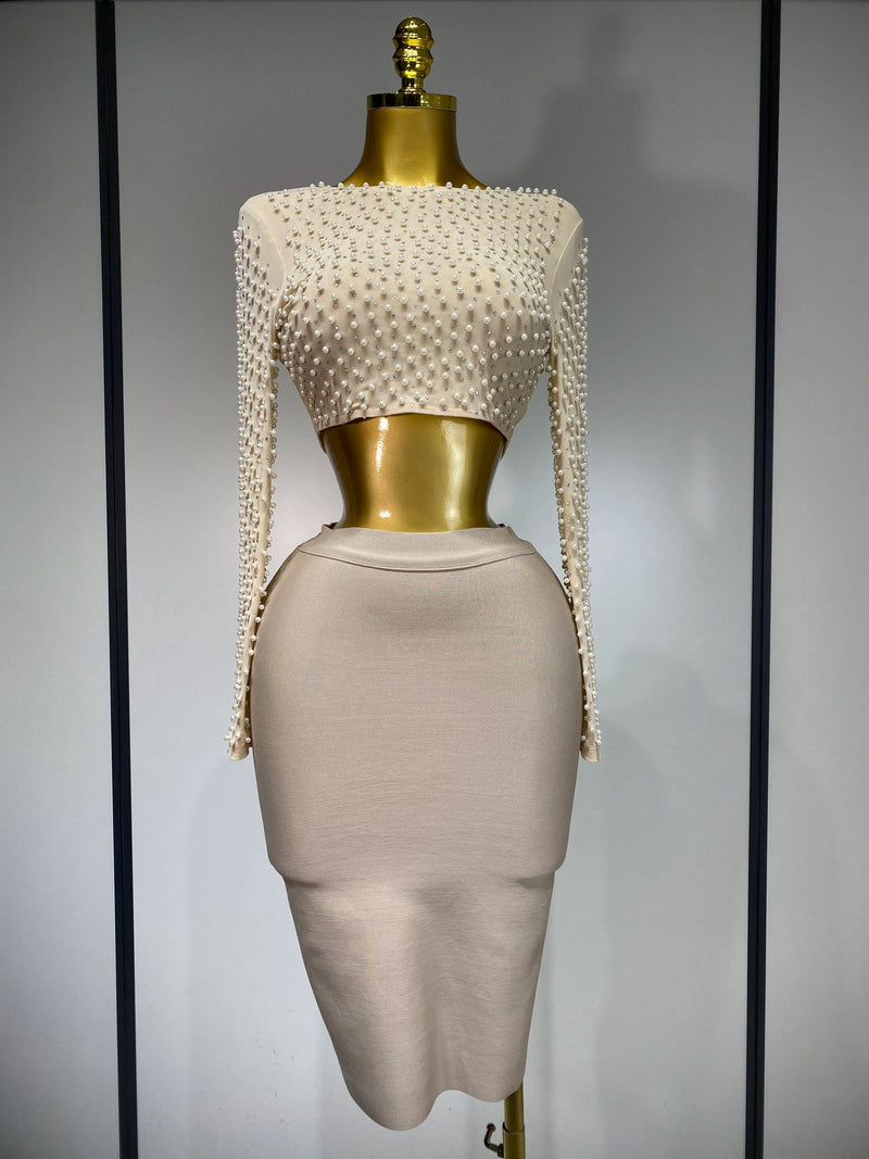 Women Sexy Long Sleeve Mesh Pearl Top Celebrity Midi Women Bandage Set 2025 Designer Evening Party Luxury Birthday Two Piece Set