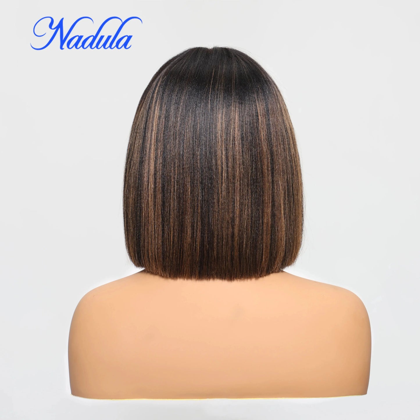 Nadula Hair Short Bob Wigs With Bangs Yaki Straight Short Bob Highlight Balayage Color Wig 4X2 T Part Lace 100% Human Hair Wigs
