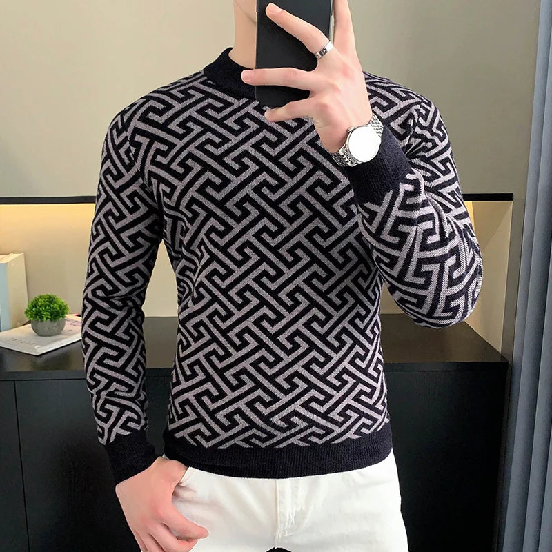 Autumn Winter Velvet Knitted Sweater Men's Long Sleeve Round Necked Sweater Slim Fit Casual Business Knitwear Tops Men Clothing