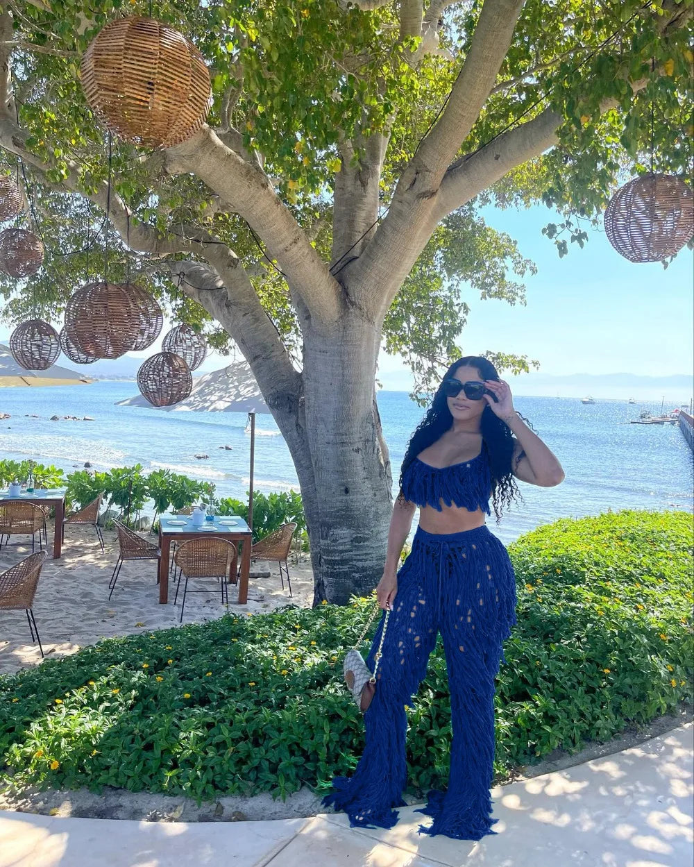 FAGADOER Sexy Hollow Out Tassels Pants Two Piece Sets Women Halter Sleeveless Backless Crop Top + Pants Outfit Female Streetwear