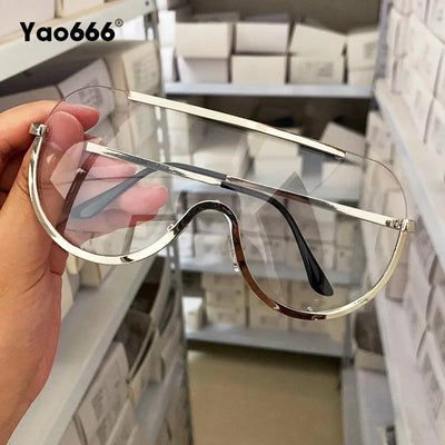 Metal Oversized Punk Sunglasses Women Semi Rimless Goggles Shield Lens Designer Big Shades Female Fashion Accessories