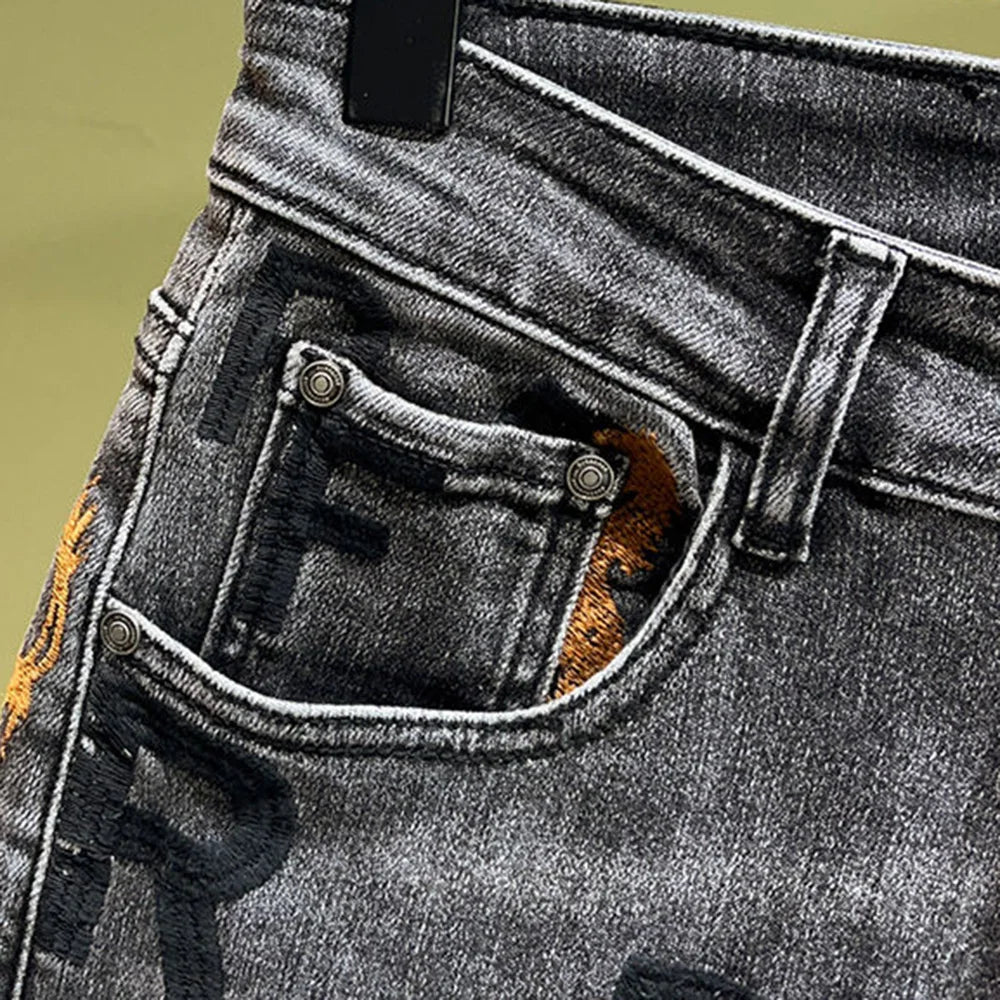 Mens Jeans Embroidered Leg Slimming Trousers Casual Streetwear Versatile Personalized Pencil Pants Men'S Wear 2024 Spring New