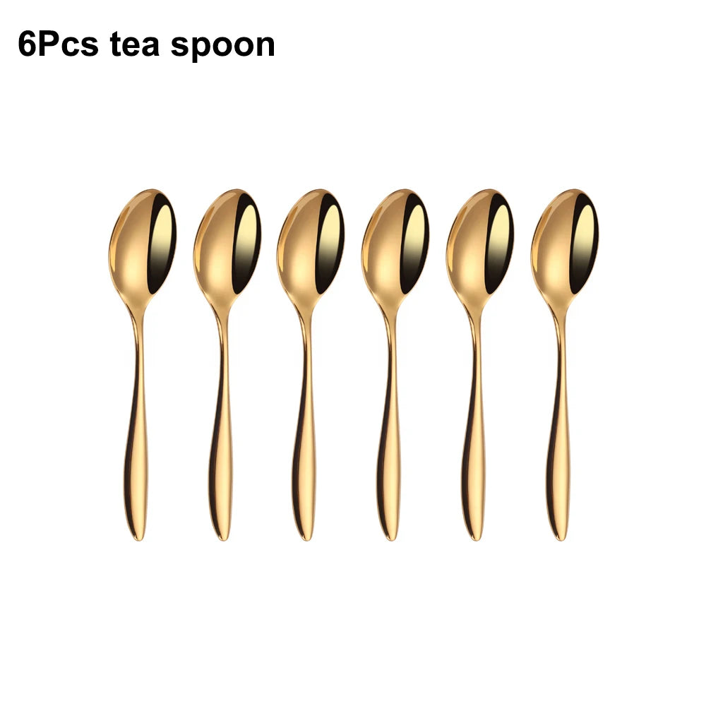 6/16/20/24Pcs Gold Tableware Stainless Steel 304 Cutlery Set Western Dinner Set Mirror Knife Fork Spoon Smooth Handle Flatware